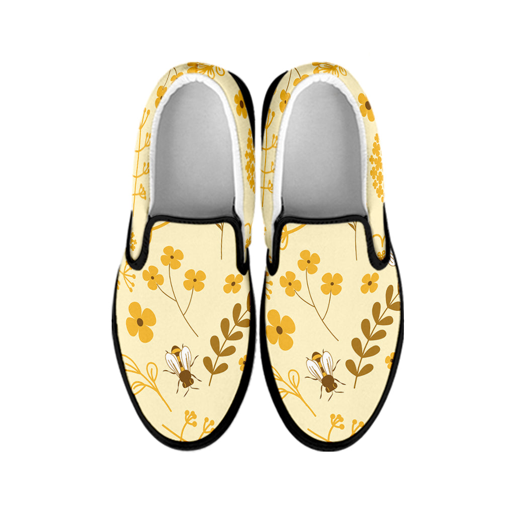 Flower Bee Pattern Print Black Slip On Shoes