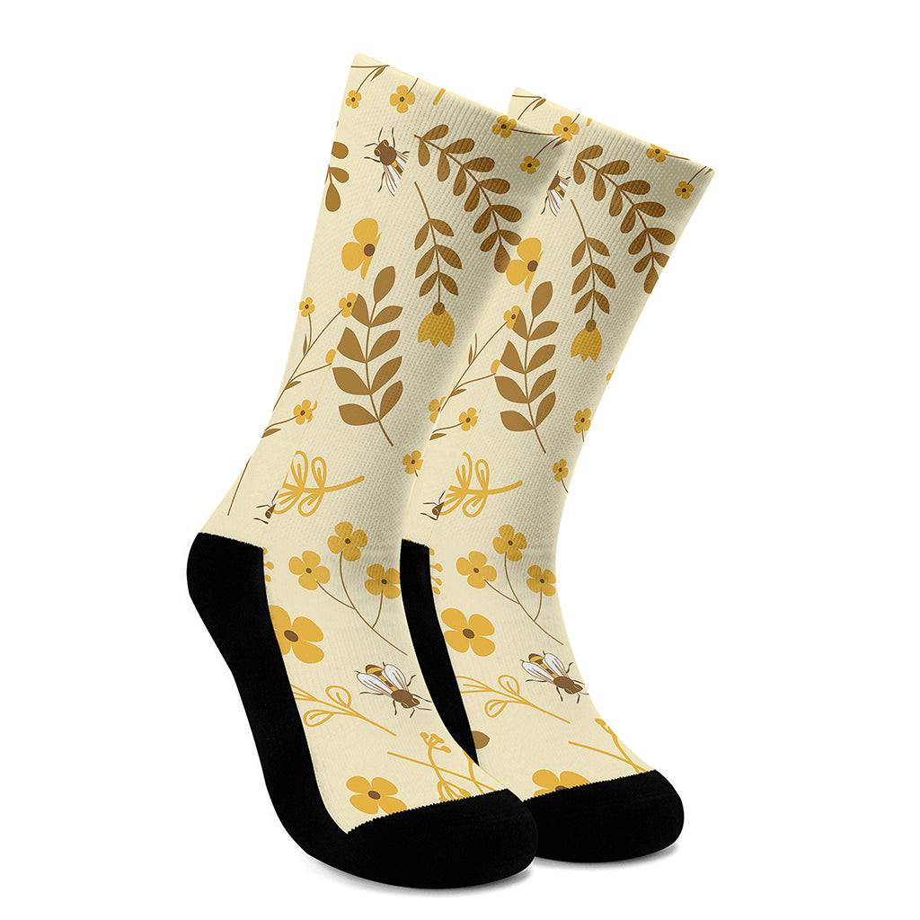 Flower Bee Pattern Print Crew Socks