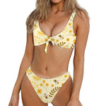Flower Bee Pattern Print Front Bow Tie Bikini