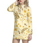 Flower Bee Pattern Print Hoodie Dress