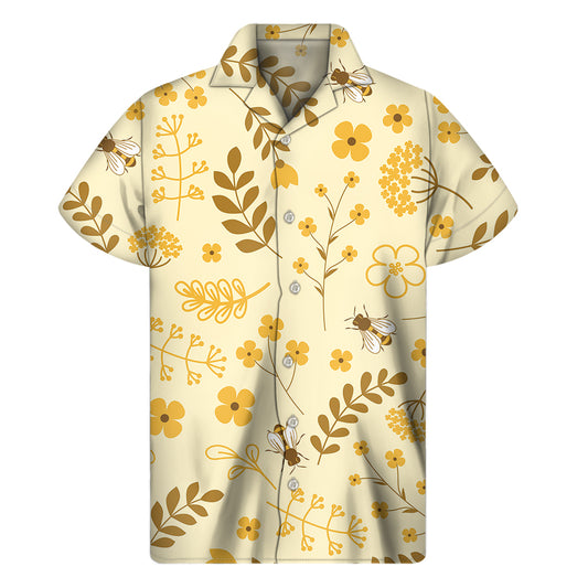 Flower Bee Pattern Print Men's Short Sleeve Shirt