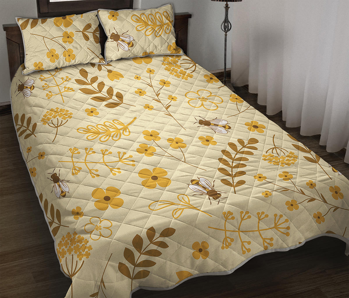 Flower Bee Pattern Print Quilt Bed Set