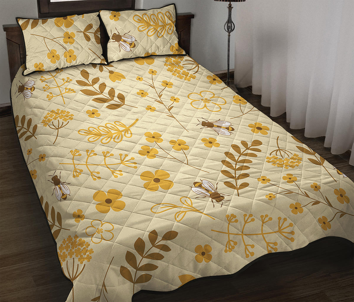 Flower Bee Pattern Print Quilt Bed Set