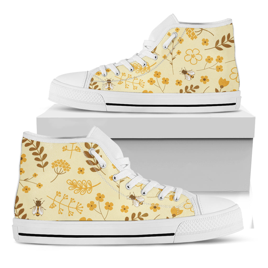 Flower Bee Pattern Print White High Top Shoes