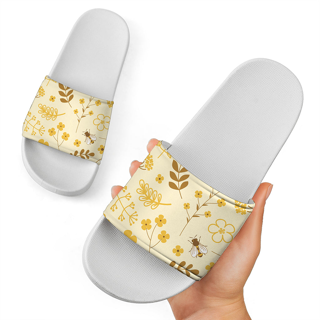Flower Bee Pattern Print White Slide Sandals