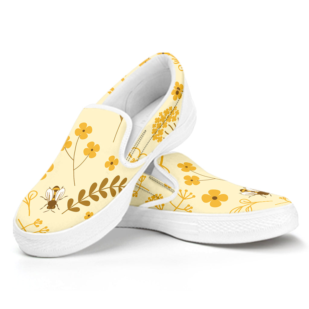 Flower Bee Pattern Print White Slip On Shoes