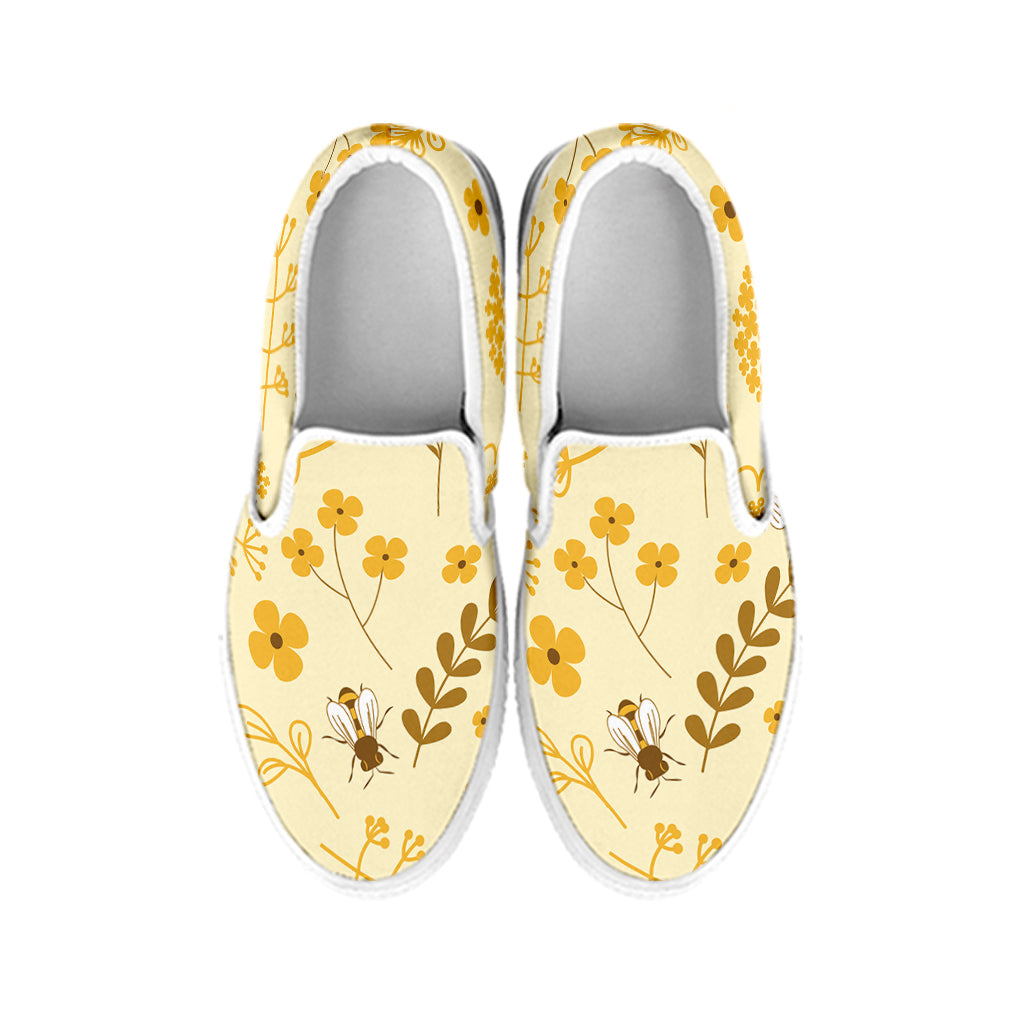 Flower Bee Pattern Print White Slip On Shoes