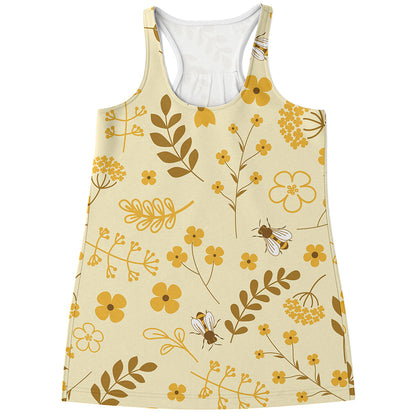 Flower Bee Pattern Print Women's Racerback Tank Top