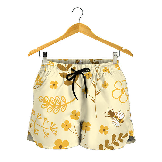 Flower Bee Pattern Print Women's Shorts