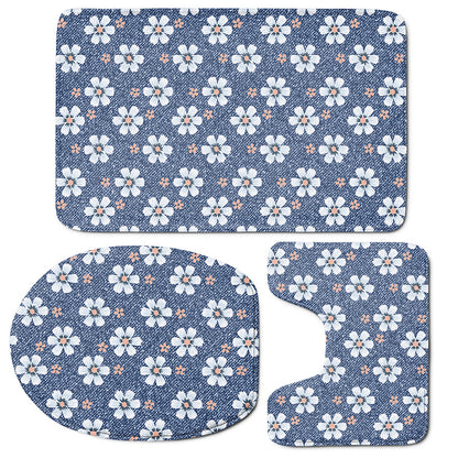 Flower Denim Jeans Pattern Print 3 Piece Bath Mat Set