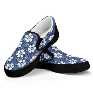 Flower Denim Jeans Pattern Print Black Slip On Shoes