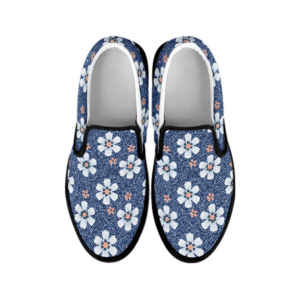 Flower Denim Jeans Pattern Print Black Slip On Shoes