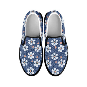 Flower Denim Jeans Pattern Print Black Slip On Shoes