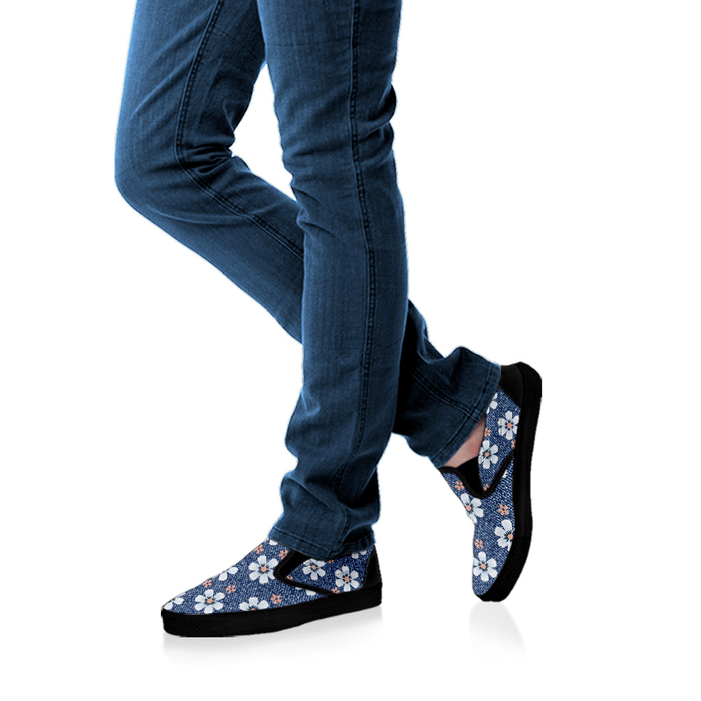 Flower Denim Jeans Pattern Print Black Slip On Shoes