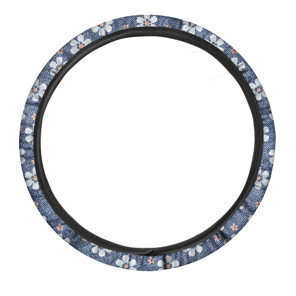 Flower Denim Jeans Pattern Print Car Steering Wheel Cover