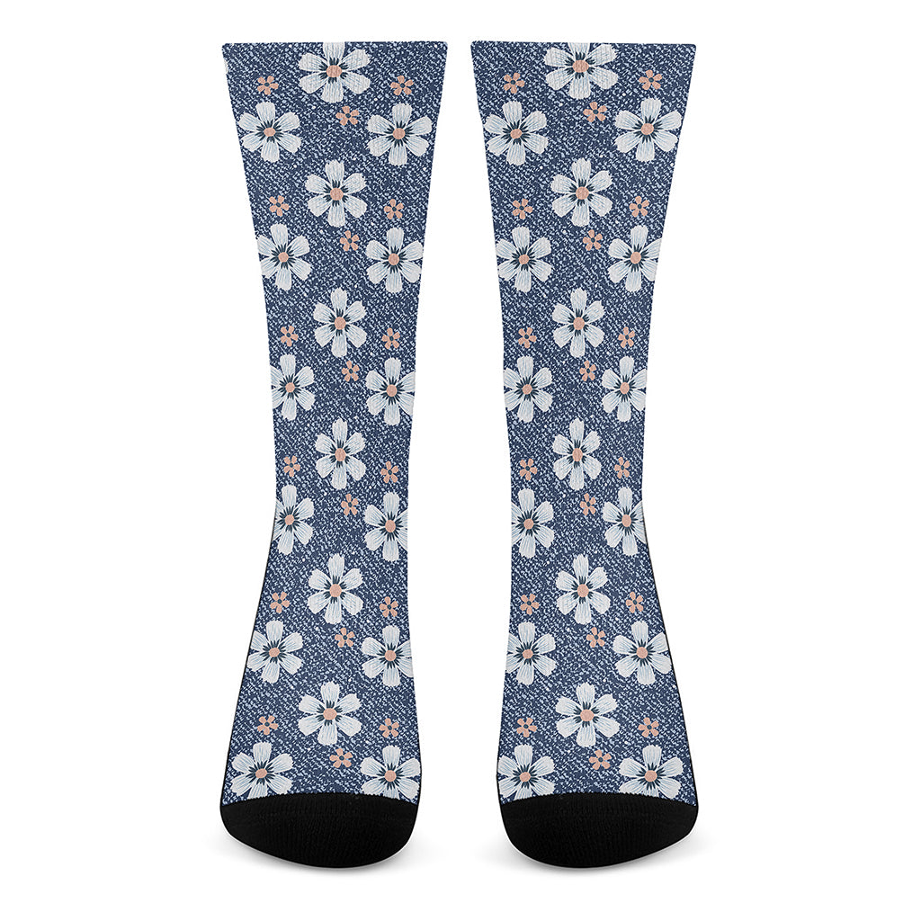 Flower Denim Jeans Pattern Print Crew Socks