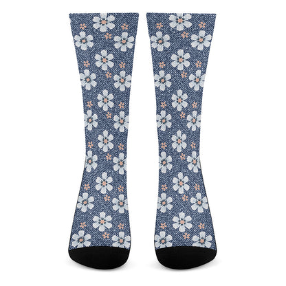 Flower Denim Jeans Pattern Print Crew Socks