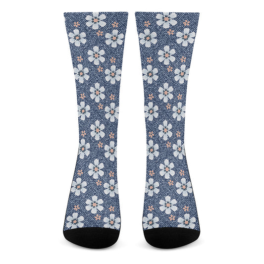 Flower Denim Jeans Pattern Print Crew Socks