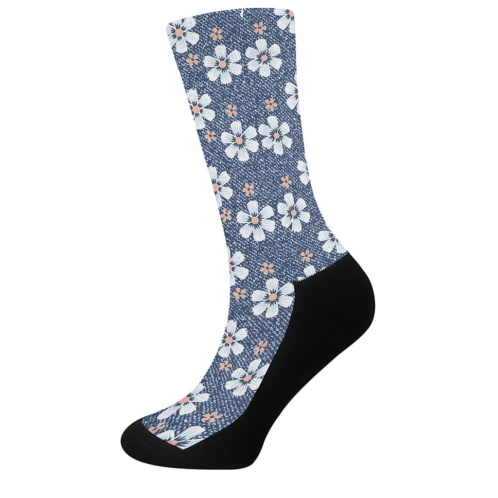 Flower Denim Jeans Pattern Print Crew Socks