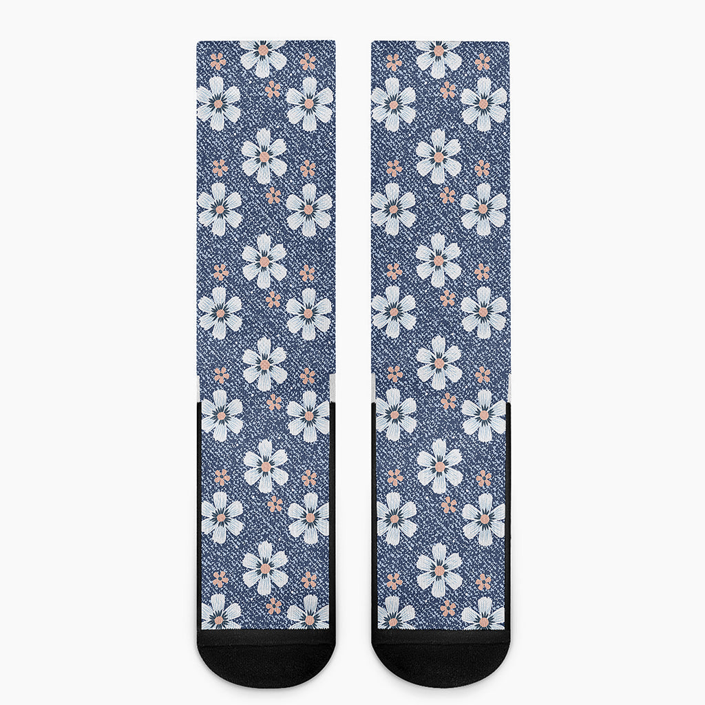 Flower Denim Jeans Pattern Print Crew Socks