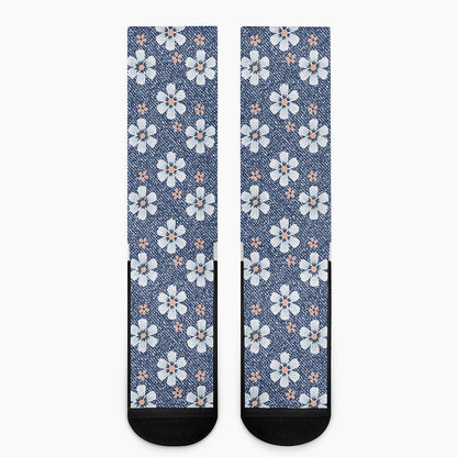 Flower Denim Jeans Pattern Print Crew Socks