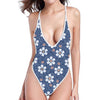 Flower Denim Jeans Pattern Print One Piece High Cut Swimsuit