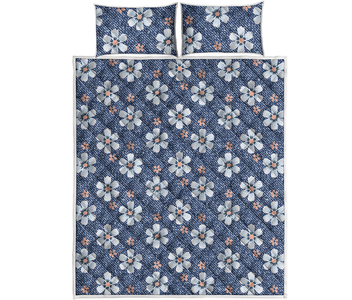 Flower Denim Jeans Pattern Print Quilt Bed Set