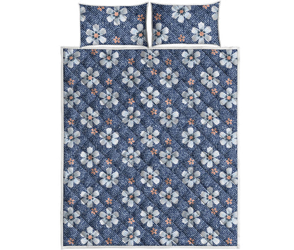 Flower Denim Jeans Pattern Print Quilt Bed Set