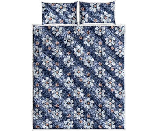 Flower Denim Jeans Pattern Print Quilt Bed Set