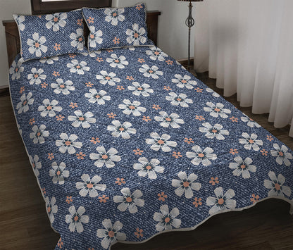 Flower Denim Jeans Pattern Print Quilt Bed Set