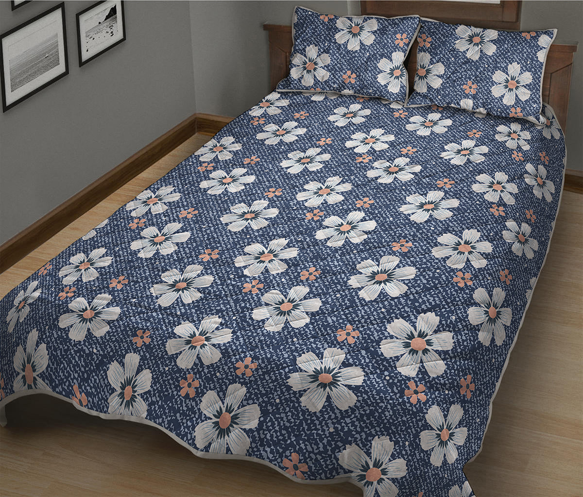 Flower Denim Jeans Pattern Print Quilt Bed Set