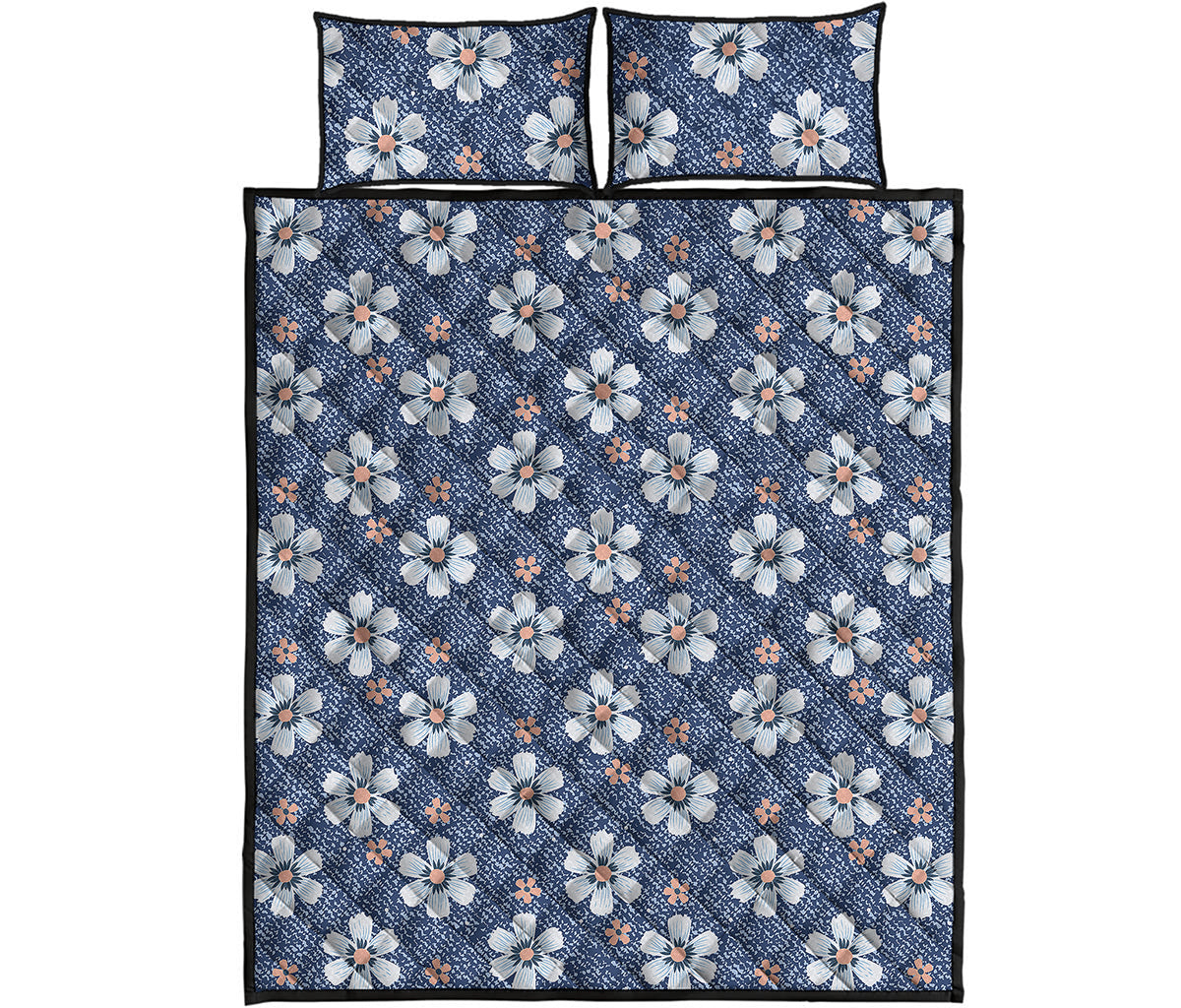 Flower Denim Jeans Pattern Print Quilt Bed Set