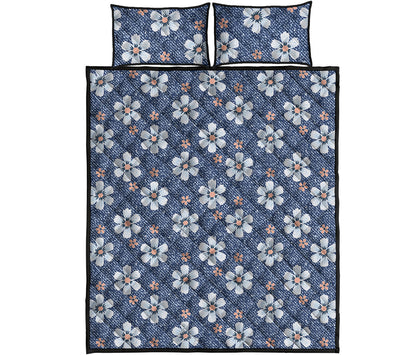 Flower Denim Jeans Pattern Print Quilt Bed Set