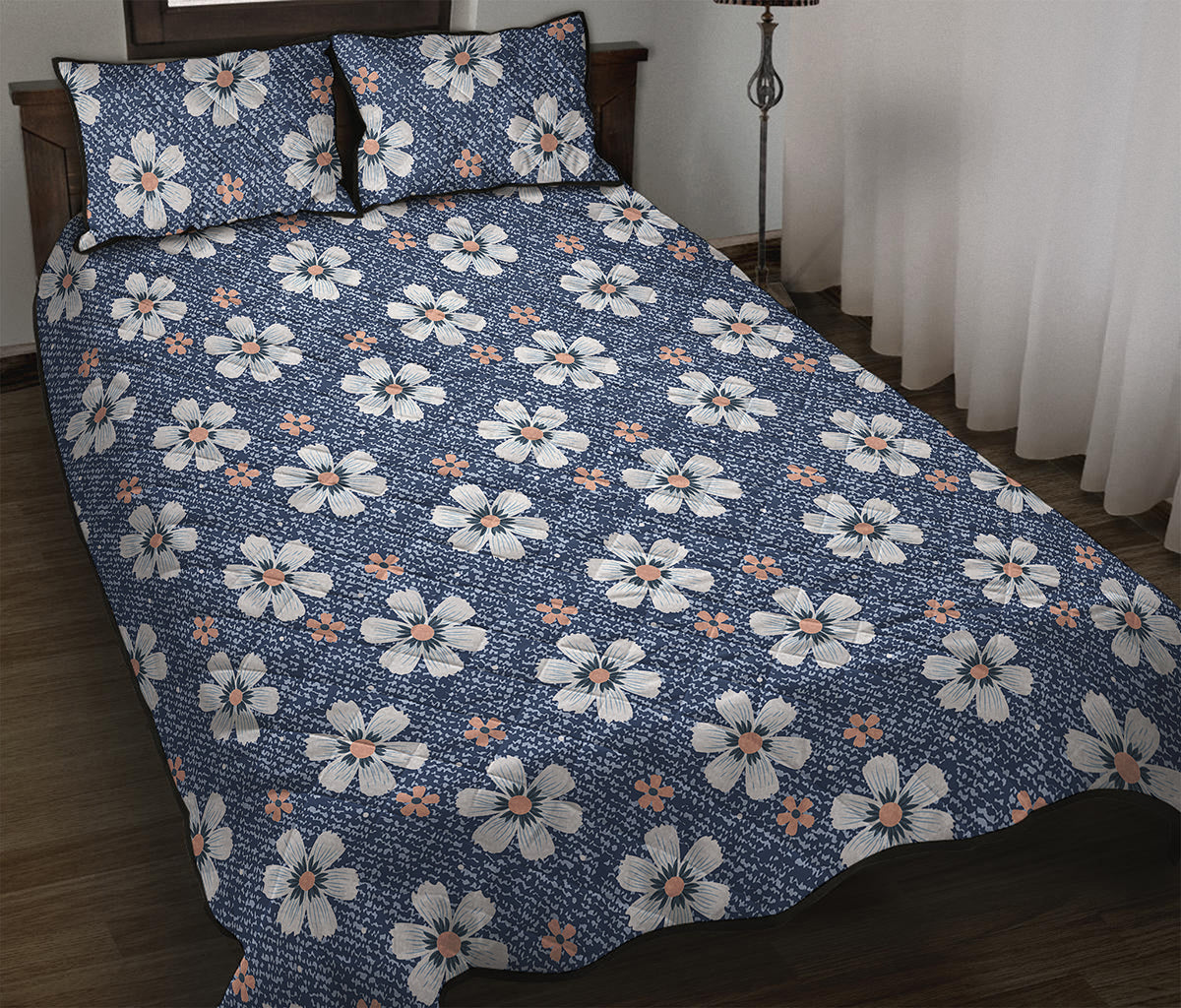 Flower Denim Jeans Pattern Print Quilt Bed Set
