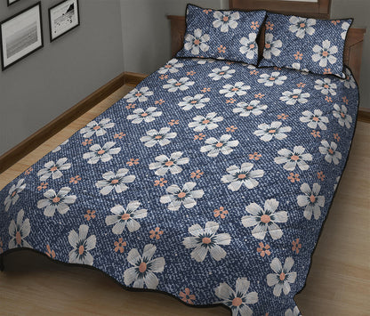 Flower Denim Jeans Pattern Print Quilt Bed Set