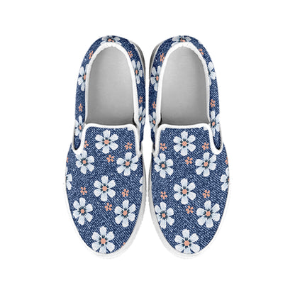 Flower Denim Jeans Pattern Print White Slip On Shoes