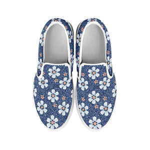 Flower Denim Jeans Pattern Print White Slip On Shoes