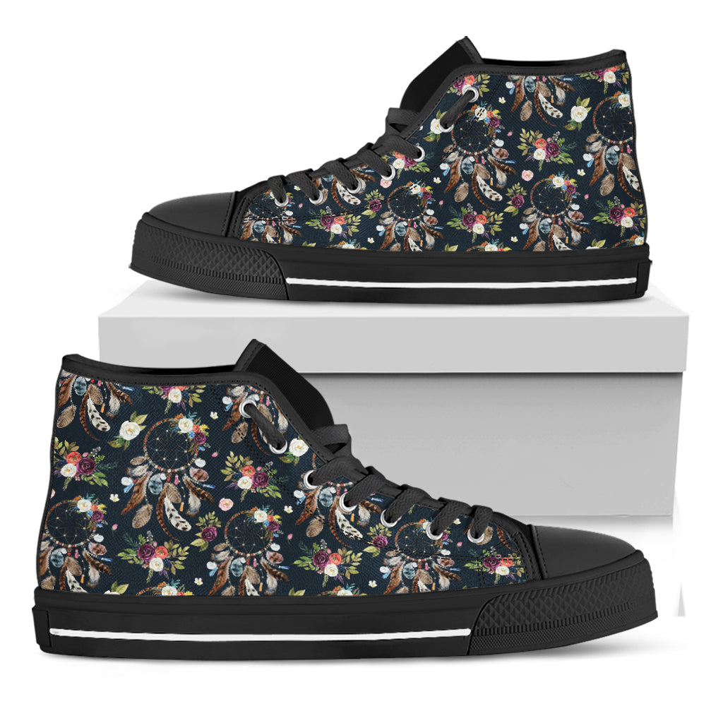 Flower Dream Catcher Pattern Print Black High Top Shoes