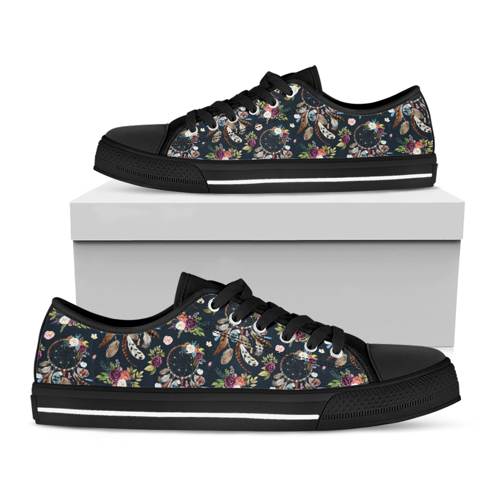 Flower Dream Catcher Pattern Print Black Low Top Shoes