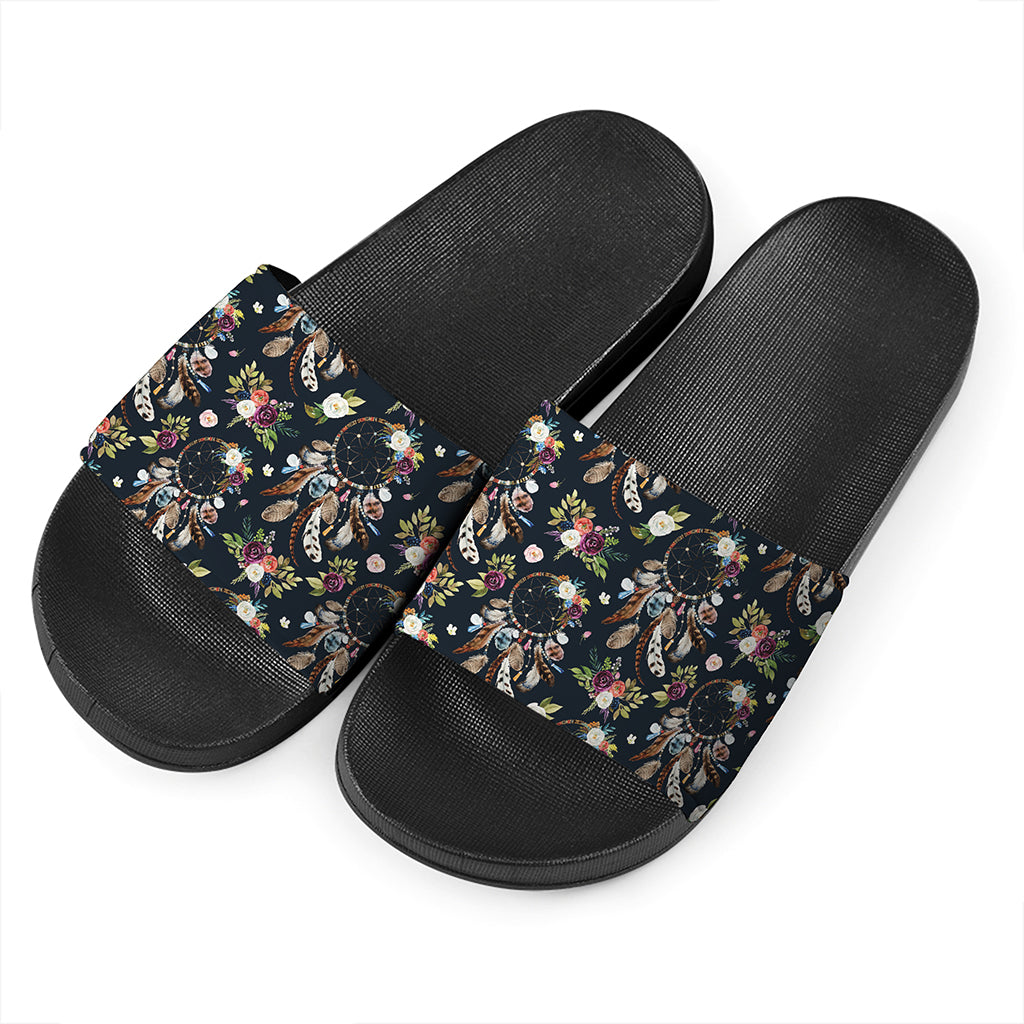 Flower Dream Catcher Pattern Print Black Slide Sandals