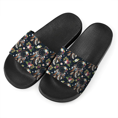 Flower Dream Catcher Pattern Print Black Slide Sandals