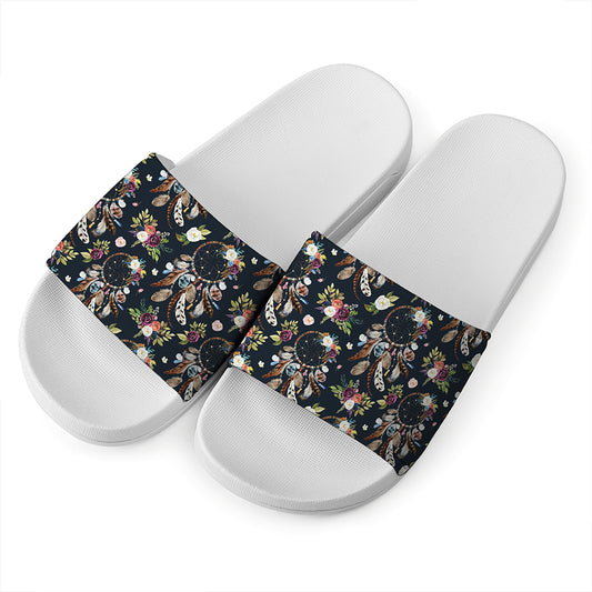 Flower Dream Catcher Pattern Print White Slide Sandals