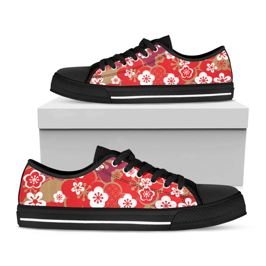 Flower Kimono Pattern Print Black Low Top Shoes