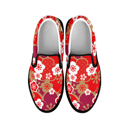 Flower Kimono Pattern Print Black Slip On Shoes