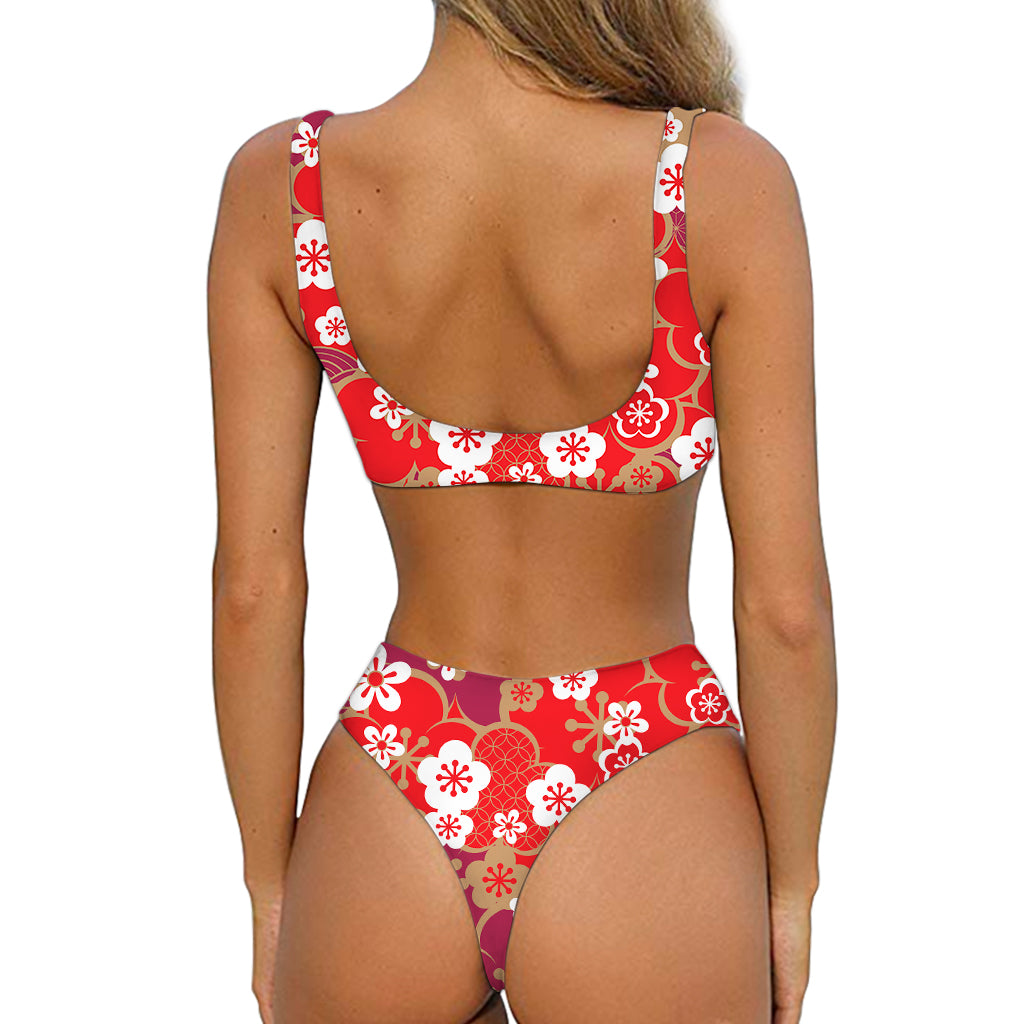 Flower Kimono Pattern Print Front Bow Tie Bikini