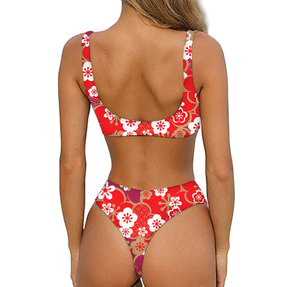 Flower Kimono Pattern Print Front Bow Tie Bikini