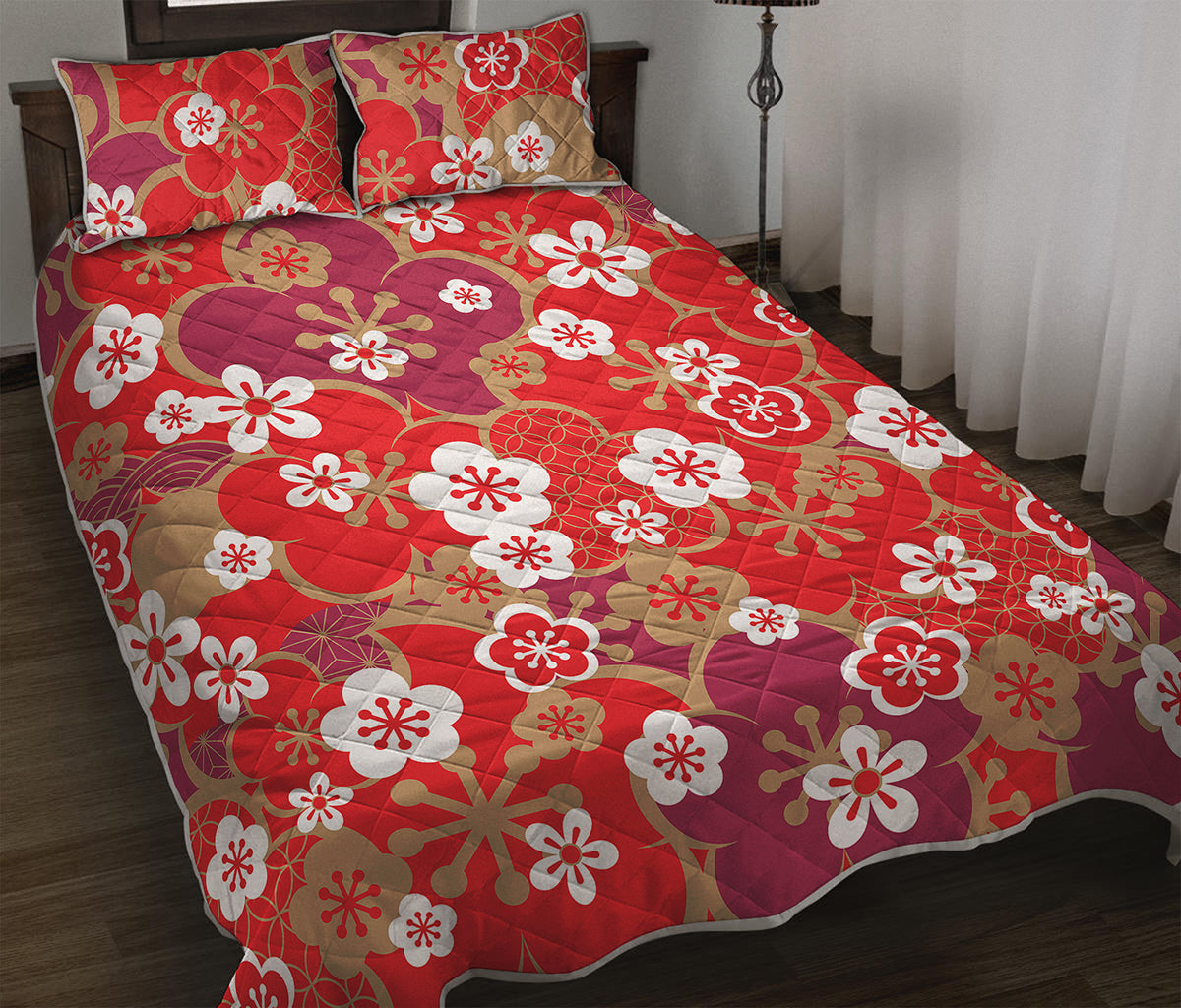 Flower Kimono Pattern Print Quilt Bed Set