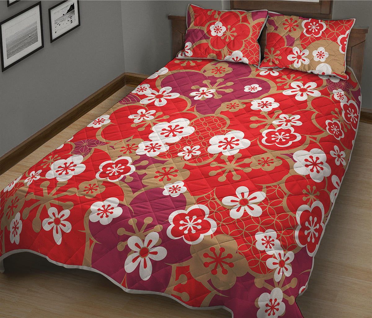 Flower Kimono Pattern Print Quilt Bed Set