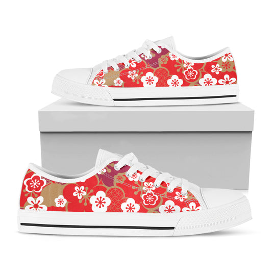 Flower Kimono Pattern Print White Low Top Shoes