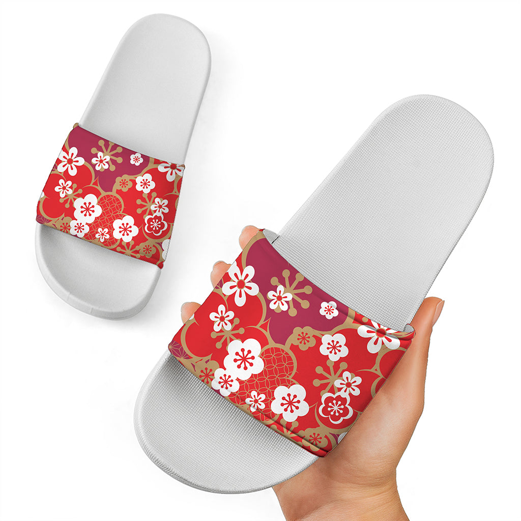 Flower Kimono Pattern Print White Slide Sandals